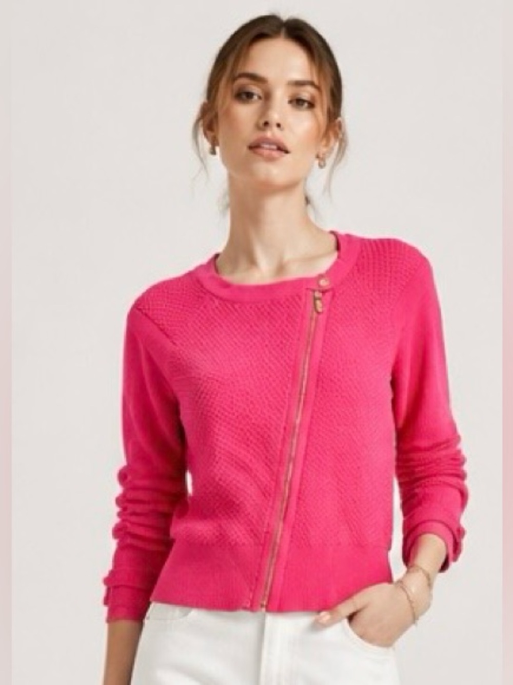 ETCETERA Cardigan Sweater Asymmetrical Full Zip Waffle Pink NWOT Crew Small
